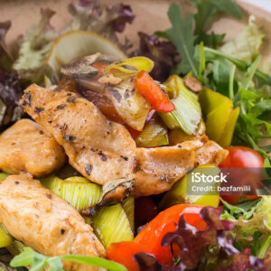 Sauteed chicken, mushrooms and onions, lettuce mix, balsamic glaze